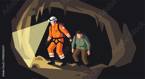 A rescuer in orange gear guides a person through a dark, rocky underground cave