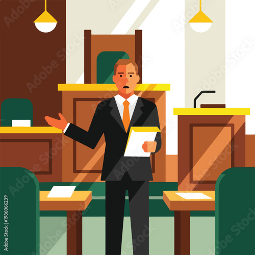 A lawyer in a suit holds a folder and speaks inside a formal wooden courtroom