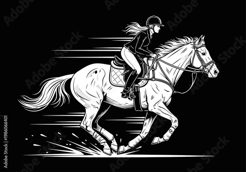Dynamic Black and White Vector Illustration of a Female Equestrian Rider Galloping Fast on a White Horse, Horse Racing and Sports Concept