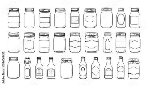 Hand drawn mason jar and bottle vector set with vintage glass canning containers ink illustration isolated on white background