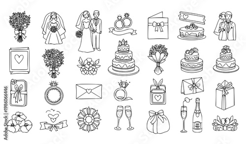 Wedding doodle vector collection with hand drawn bride groom rings cake and romantic elements isolated on white background