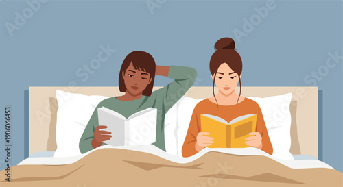 Two women lying in bed side by side, reading their own books at the same time