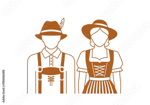Traditional German Couple in Bavarian Outfits, Lederhosen and Dirndl Illustration, Oktoberfest Icon Line Art