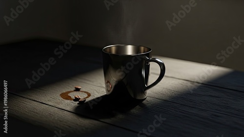 A silver coffee mug sits on a wooden table in a dark room with a beam of light shining on it.