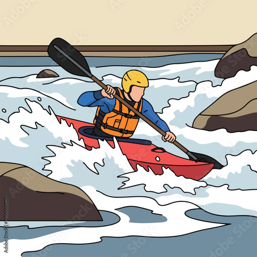 A person paddles a red kayak through turbulent whitewater rapids among rocks