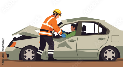 A firefighter assists a driver inside a wrecked car after a road traffic crash