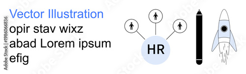 Business strategy, talent management, innovation, creativity, workflow, digital tools. HR network diagram, pen rocket icon. Business strategy and talent management concepts