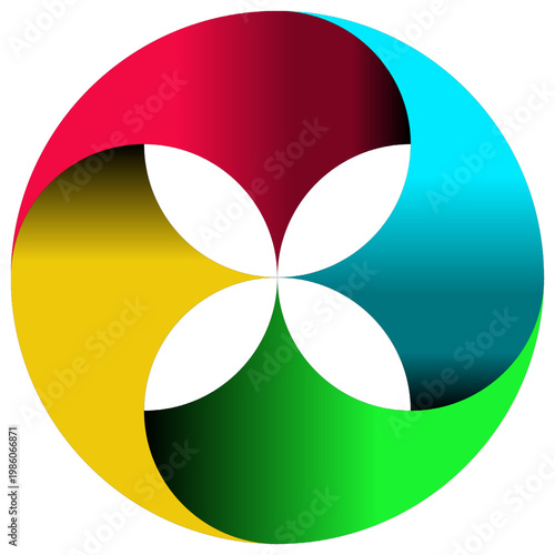 "Abstract four color circular cycle with 3D overlapping petals and white center"