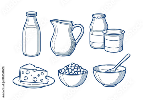 Vintage Hand-Drawn Dairy Product Collection with Milk Bottle, Cheese, Yogurt, and Jug in Blue Line Art Style