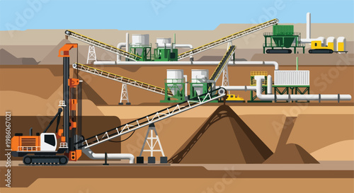 An illustration showing mining equipment with conveyors in an open pit quarry area