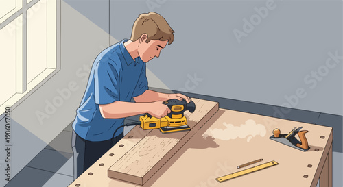 A young man uses an electric sander to smooth a wooden plank at a workshop table