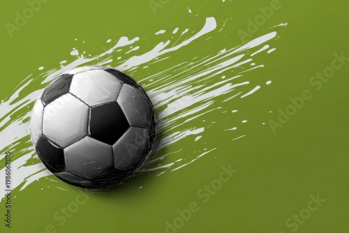 A stylized black and white soccer ball on a vibrant green background, accented with energetic white and dark green brushstrokes.