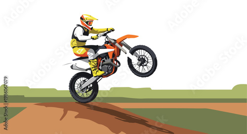 Illustration of a motorcyclist performing a wheelie jump on a dirt track terrain