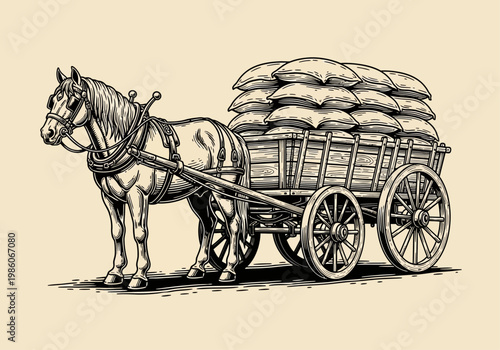 Vintage Woodcut Illustration of a Horse Pulling a Wooden Wagon Filled with Heavy Sacks