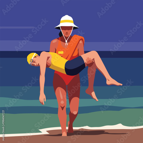 A lifeguard carries an unconscious swimmer from the water onto the sandy beach
