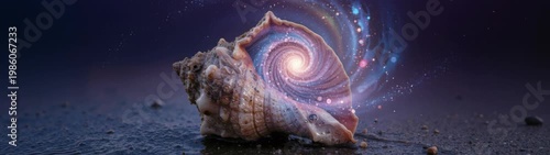 Cosmic Connection And Universal Energy Seashell With Galaxy Inside Representing Interconnectedness Spirituality And Mystical Exploration Of The Universe On Dark Background.