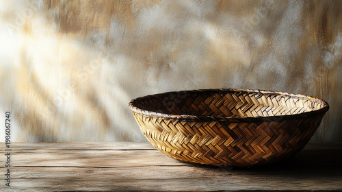 Woven basket wooden table highlights agriculture emerging markets with natural light creating warm and rustic atmosphere for traditional craft