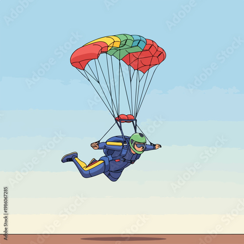 A cartoon skydiver with a colorful parachute flying through a clear blue sky