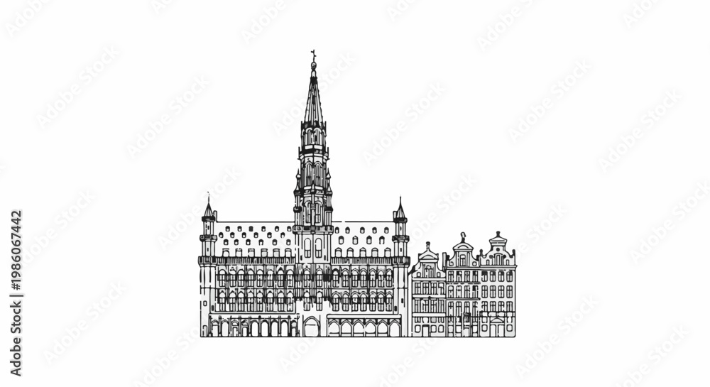 Fototapeta premium Ornate historical buildings with a tall spired tower form a detailed city skyline