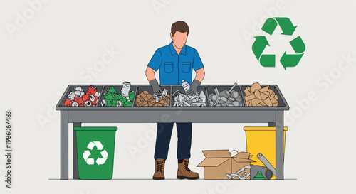A worker sorts various types of recyclable waste at a table in a recycling plant