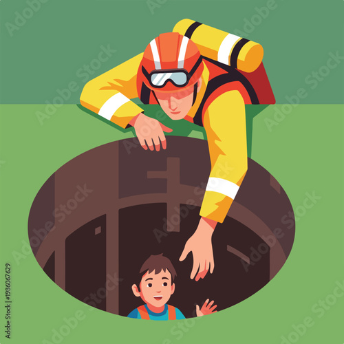 A rescuer in uniform reaches down into a dark manhole to help a trapped young boy