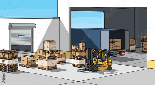 A yellow forklift moving cardboard boxes near a loading dock and freight truck