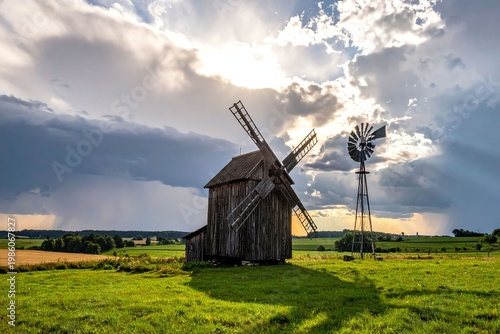 Farm Windmill at Sunset in Rural Countryside Landscape