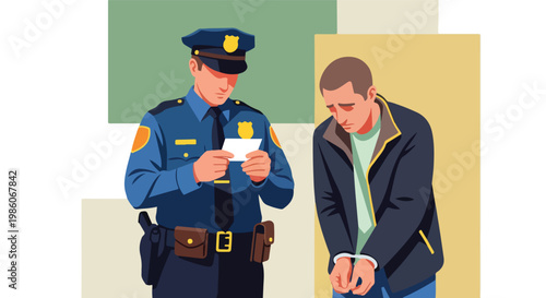 A police officer reads a document while a handcuffed man stands looking dejected