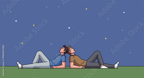 Two men lying back to back on the grass, looking up at the starry night sky