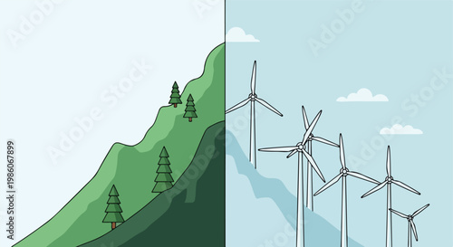 Split illustration of a green pine-covered mountain and blue wind turbine farm