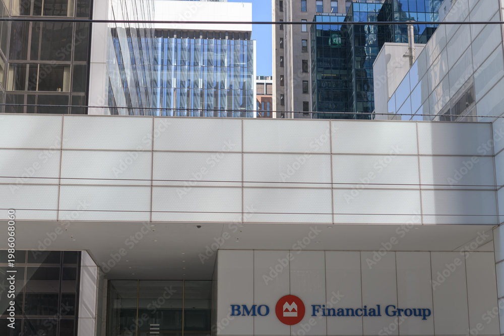 Obraz premium exterior building facade and sign of BMO Financial Group, a bank, located at First Canadian Place, 100 King St W, Toronto