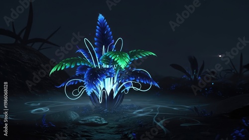A glowing blue and green plant in a dark landscape with vibrant neon lights