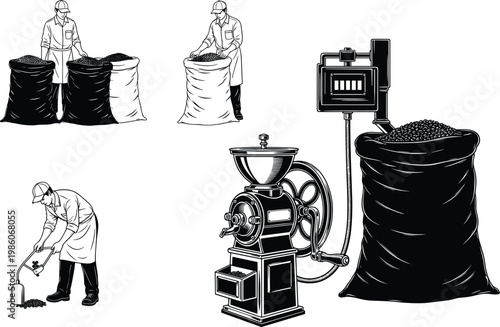 coffee production, roasting, grinding, workers, beans, factory, process, industry, silhouette, black, equipment, sack, machine, isolated, vector, illustration, vintage, minimal