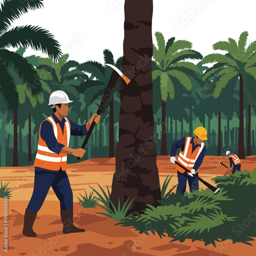 Workers in orange safety vests harvest palm trees in a tropical forest setting