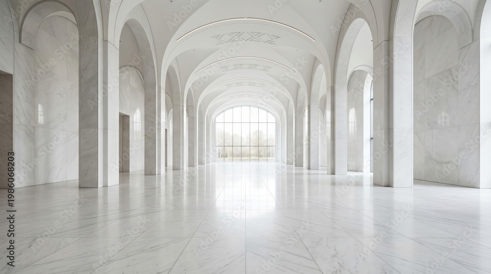 Fototapeta premium Grand corridor with classical architectural arches and columns in a serene setting
