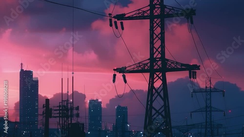 View of a city skyline at dusk with power lines in the foreground