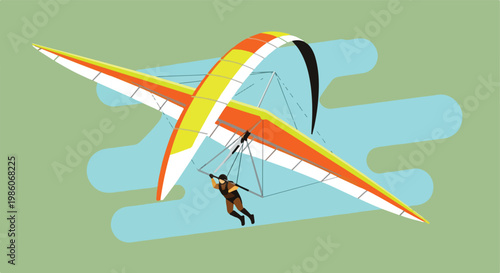 A person in brown gear hangs from a colorful hang glider against a light blue