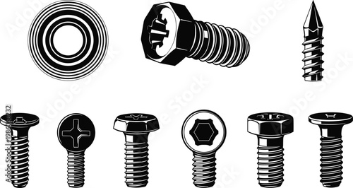 screws, bolts, fasteners, hardware, silhouette, black, industrial, metal, construction, tool, equipment, set, isolated, vector, illustration, engineering, repair, workshop, minimal