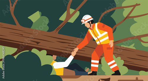 A rescuer in high-visibility gear helps a person trapped under a fallen tree