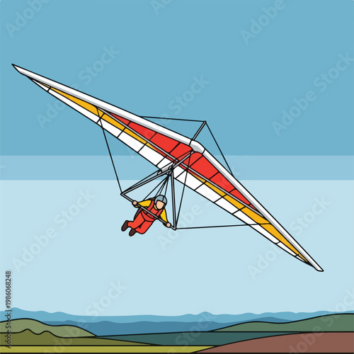 A hang glider pilot soaring through the blue sky above a landscape below