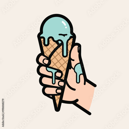 A hand holding a melting scoop of turquoise ice cream in a crisp waffle cone