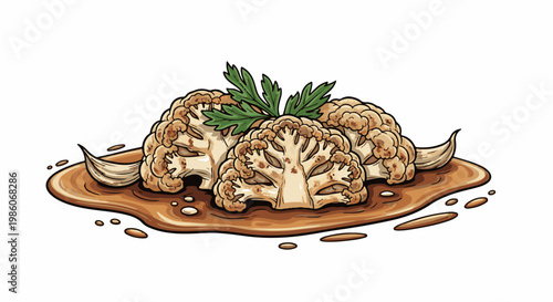 Sliced cauliflower florets in rich brown gravy with a parsley garnish