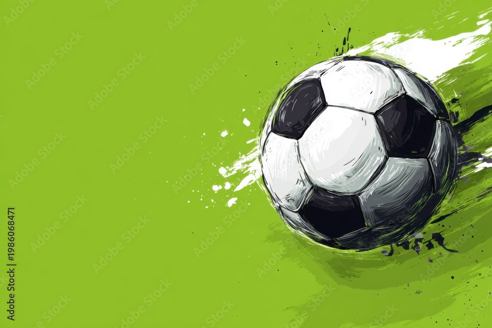 Naklejka premium A stylized black and white soccer ball on a vibrant green background, accented with energetic white and dark green brushstrokes.