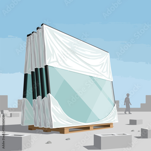 Stack of flat glass panes wrapped in protective plastic on a wooden pallet site