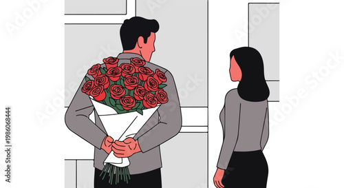 A man holds a large bouquet of red roses behind his back to surprise a woman