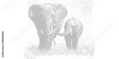 A grayscale illustration of an adult elephant and a baby elephant standing together isolated on transparent background