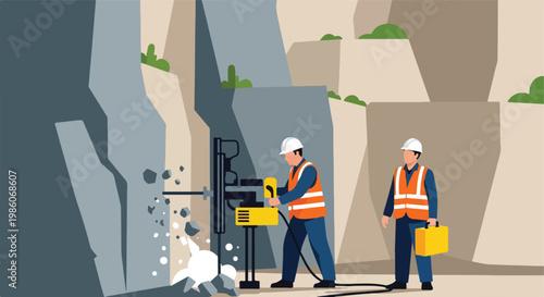 Two workers in safety gear operating heavy machinery to drill into a stone cliff