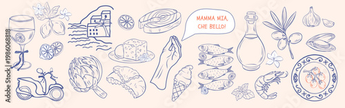 Mediterranean food illustration summer coastal doodles set with Italian elements in line art style. Expressive Italian hand gesture. Crayon hand drawn drawn ink picnic illustration. Clip art dinner .