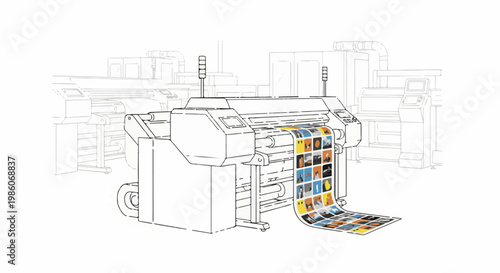 A large format printer outputs a vibrant sheet of colorful, patterned material