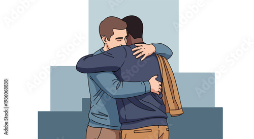 Two men sharing a warm and supportive embrace in a simple graphic illustration